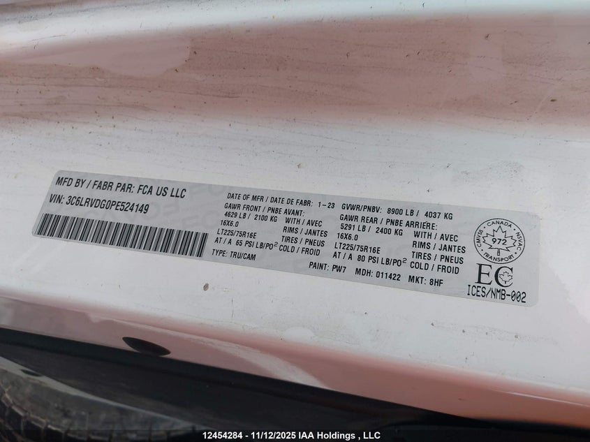 2023 Ram Promaster 2500 2500 High VIN: 3C6LRVDG0PE524149 Lot: 12454284