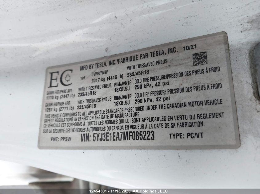 2021 Tesla Model 3 VIN: 5YJ3E1EA7MF085223 Lot: 12454301