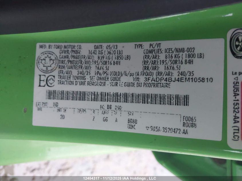 2014 Ford Fiesta Se VIN: 3FADP4BJ4EM105810 Lot: 12454317