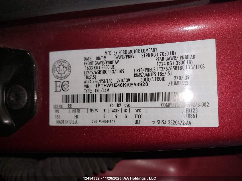 2019 Ford F150 Supercrew VIN: 1FTFW1E46KKE53928 Lot: 12454332