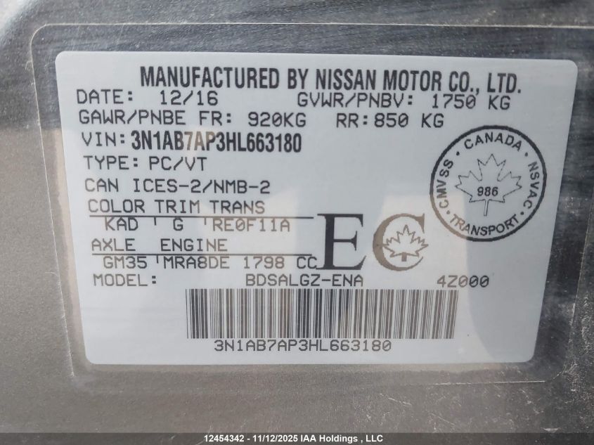 2017 Nissan Sentra 1.8 S/1.8 Sl/1.8 Sv VIN: 3N1AB7AP3HL663180 Lot: 12454342