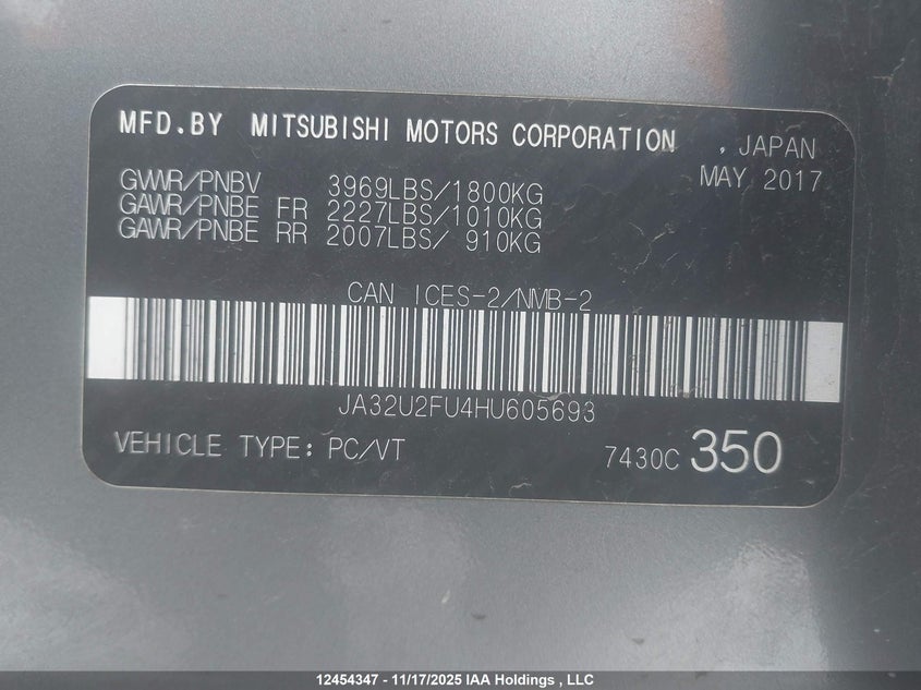 2017 Mitsubishi Lancer VIN: JA32U2FU4HU605693 Lot: 12454347