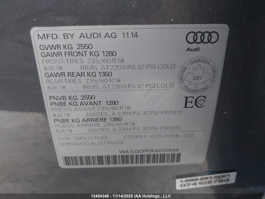 2015 Audi Q5 3.0T Technik VIN: WA1LGCFP0FA070934 Lot: 12454348