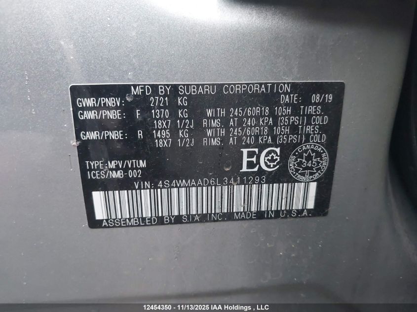 2020 Subaru Ascent VIN: 4S4WMAAD6L3411293 Lot: 12454350