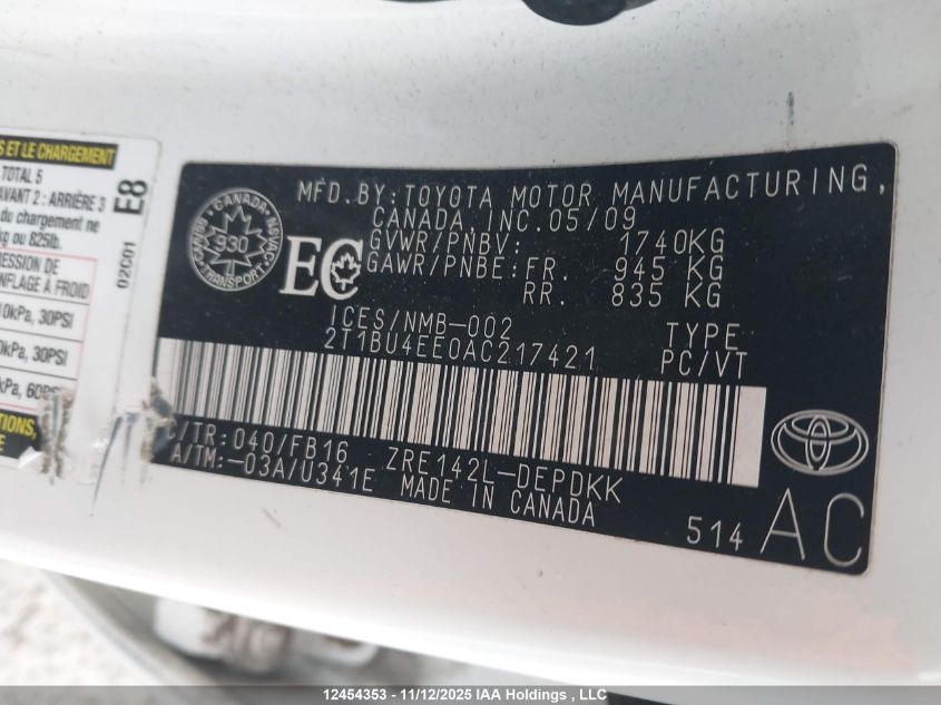 2010 Toyota Corolla Ce VIN: 2T1BU4EE0AC217421 Lot: 12454353