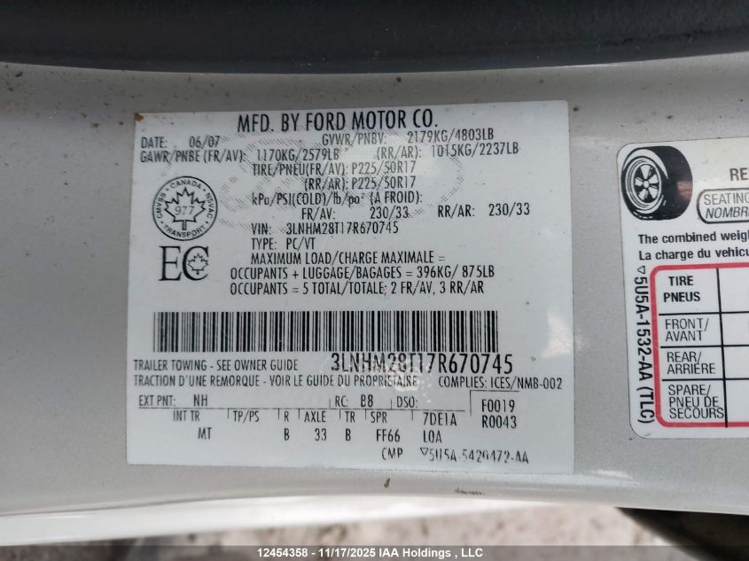 2007 Lincoln Mkz VIN: 3LNHM28T17R670745 Lot: 12454358