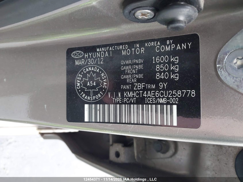 KMHCT4AE6CU258778 2012 HYUNDAI ACCENT photo no. 9
