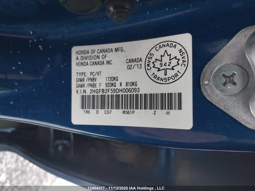 2HGFB2F59DH006093 2013 HONDA CIVIC photo no. 9
