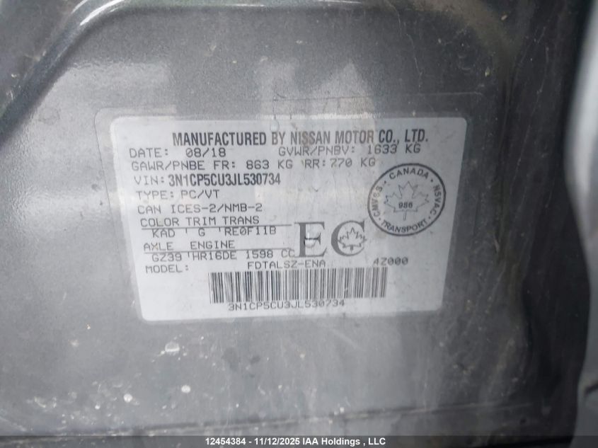2018 Nissan Kicks S/Sr/Sv VIN: 3N1CP5CU3JL530734 Lot: 12454384
