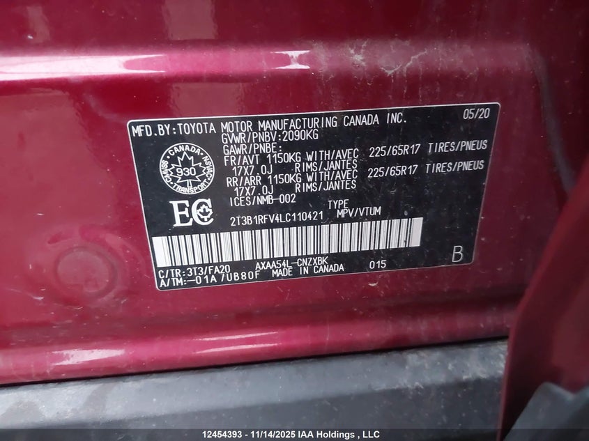 2020 Toyota Rav4 Le VIN: 2T3B1RFV4LC110421 Lot: 12454393