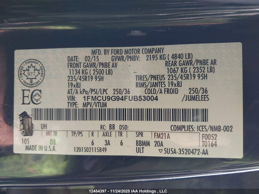 2015 Ford Escape Se VIN: 1FMCU9G94FUB53004 Lot: 12454397