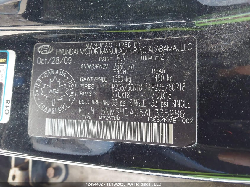 5NMSHDAG5AH335986 2010 HYUNDAI SANTA FE photo no. 9