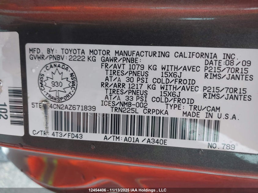 5TETX4CN2AZ671839 2010 TOYOTA TACOMA photo no. 9