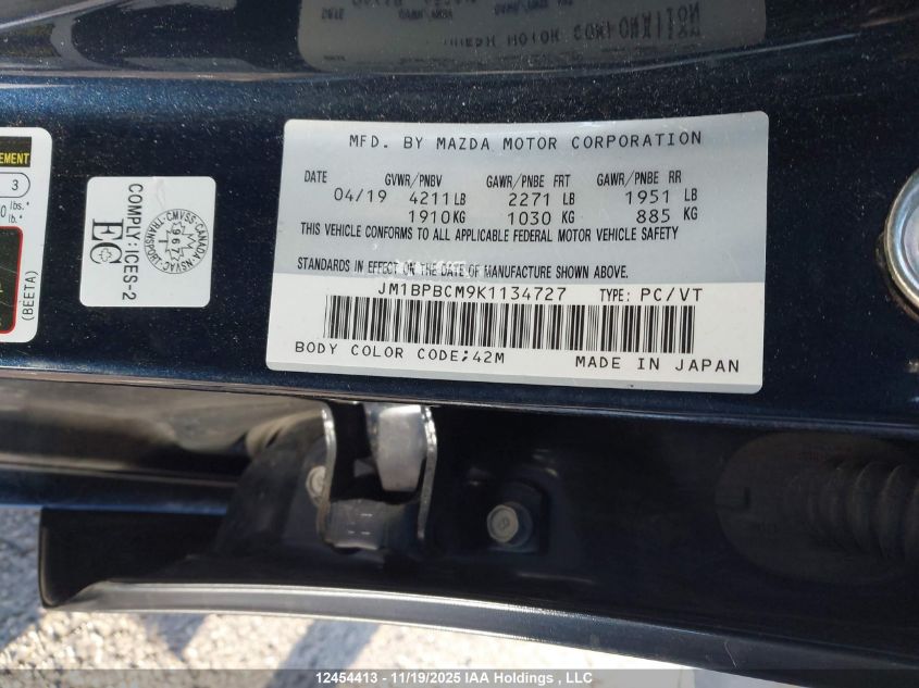 2019 Mazda Mazda3 Gs VIN: JM1BPBCM9K1134727 Lot: 12454413