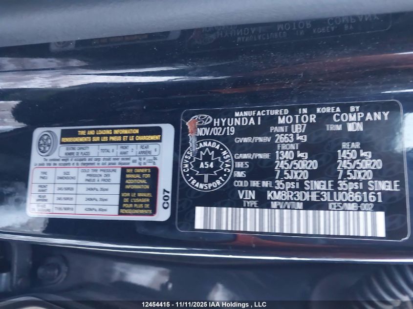 2020 Hyundai Palisade Sel VIN: KM8R3DHE3LU086161 Lot: 12454415