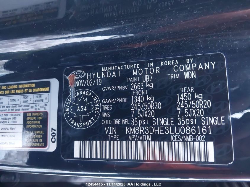 2020 Hyundai Palisade Sel VIN: KM8R3DHE3LU086161 Lot: 12454415
