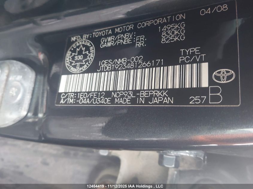 2008 Toyota Yaris VIN: JTDBT923481266171 Lot: 12454419