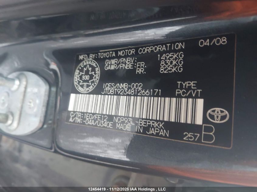 2008 Toyota Yaris VIN: JTDBT923481266171 Lot: 12454419