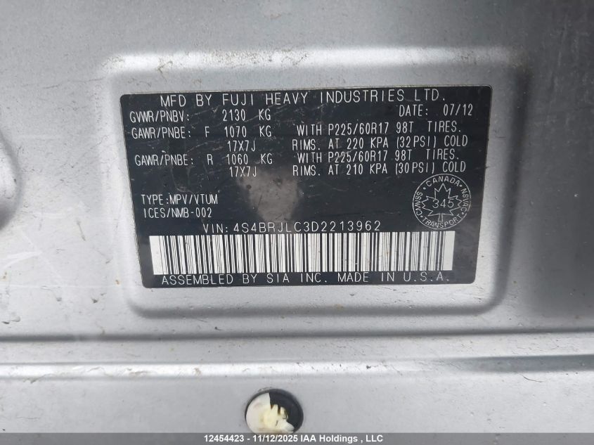 2013 Subaru Outback 3.6R Limited VIN: 4S4BRJLC3D2213962 Lot: 12454423