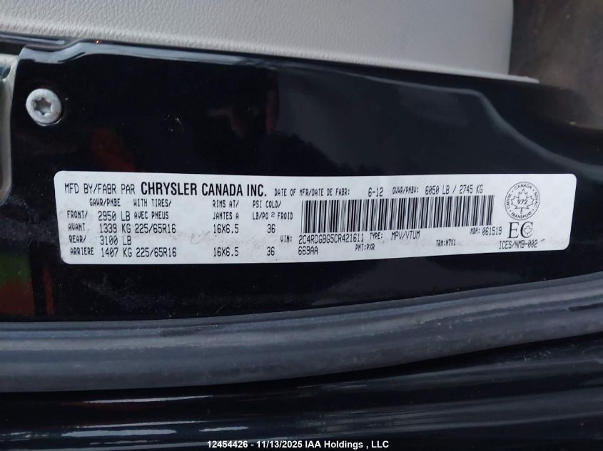 2012 Dodge Grand Caravan Se VIN: 2C4RDGBG5CR421611 Lot: 12454426