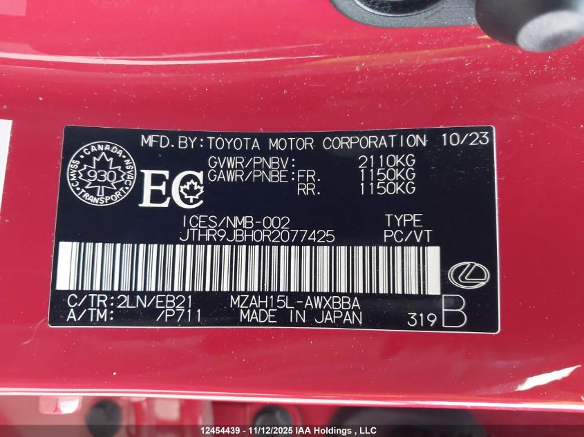 2024 Lexus Ux 250H Premium/250H F Sport Design/250H F Sport Handling VIN: JTHR9JBH0R2077425 Lot: 12454439