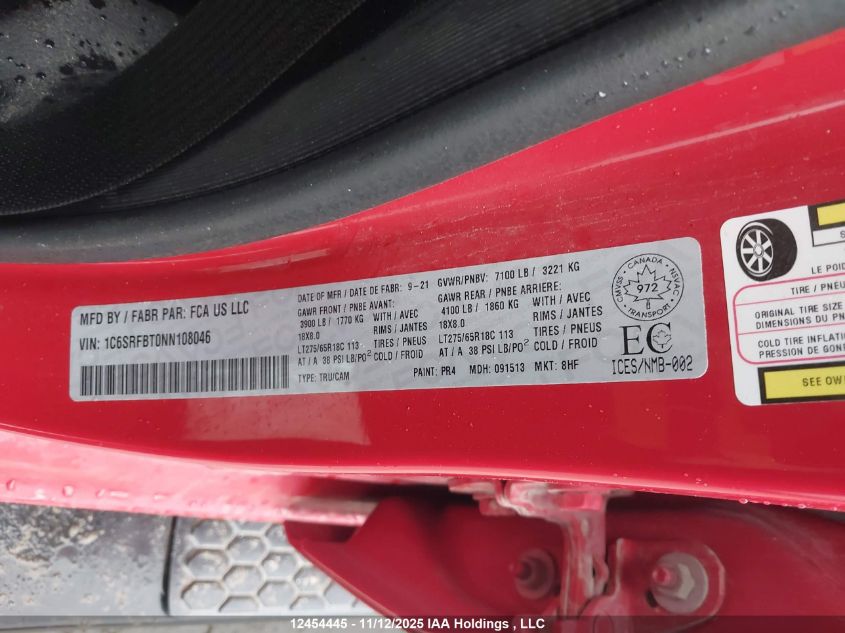 2022 Ram 1500 Big Horn/Lone Star VIN: 1C6SRFBT0NN108046 Lot: 12454445