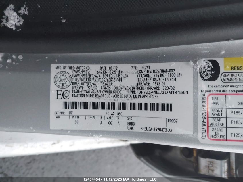 2013 Ford Fiesta Se VIN: 3FADP4EJ3DM141501 Lot: 12454454