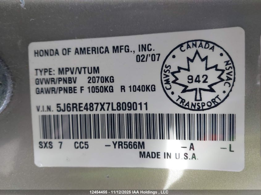 2007 Honda Cr-V Exl VIN: 5J6RE487X7L809011 Lot: 12454455