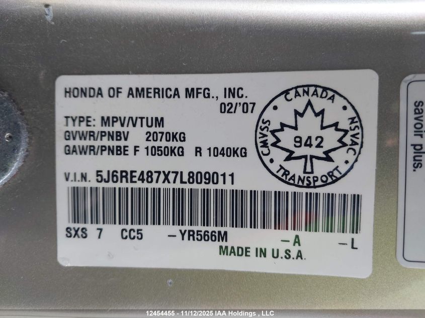 2007 Honda Cr-V Exl VIN: 5J6RE487X7L809011 Lot: 12454455