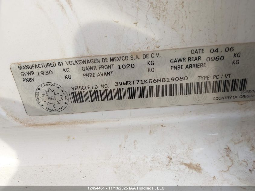 2006 Volkswagen Jetta Tdi VIN: 3VWRT71K56M819080 Lot: 12454461
