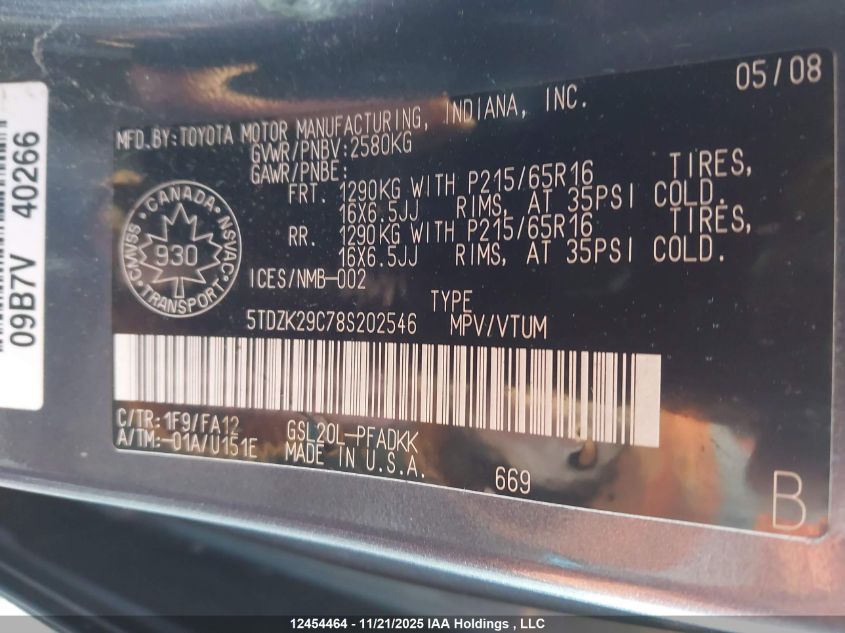 2008 Toyota Sienna VIN: 5TDZK29C78S202546 Lot: 12454464