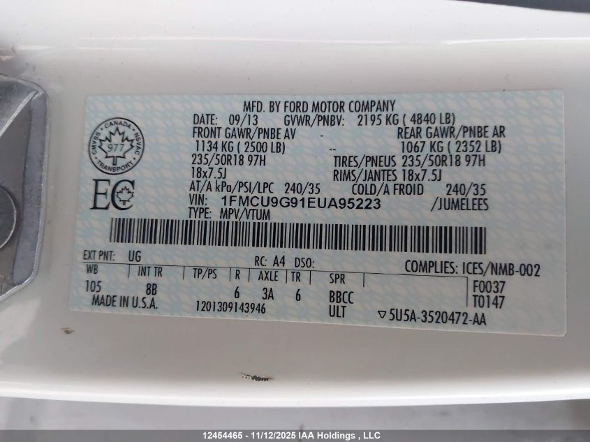 2014 Ford Escape Se VIN: 1FMCU9G91EUA95223 Lot: 12454465