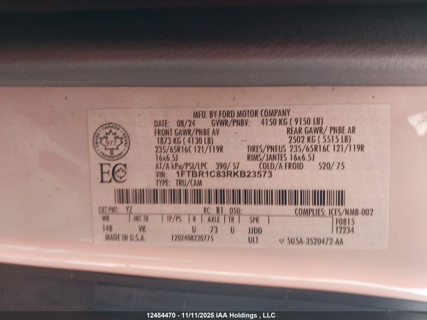 2024 Ford Transit T-250 VIN: 1FTBR1C83RKB23573 Lot: 12454470