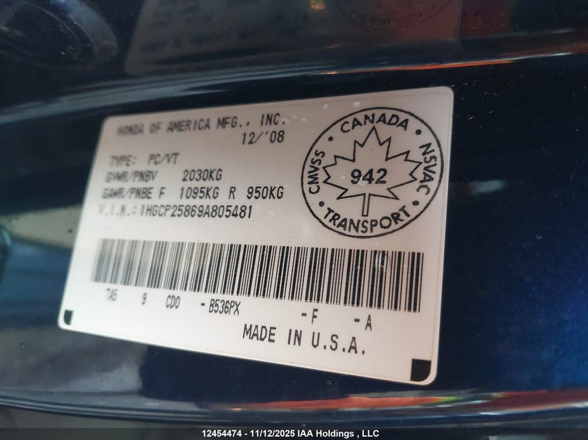 2009 Honda Accord Ex-L VIN: 1HGCP25869A805481 Lot: 12454474