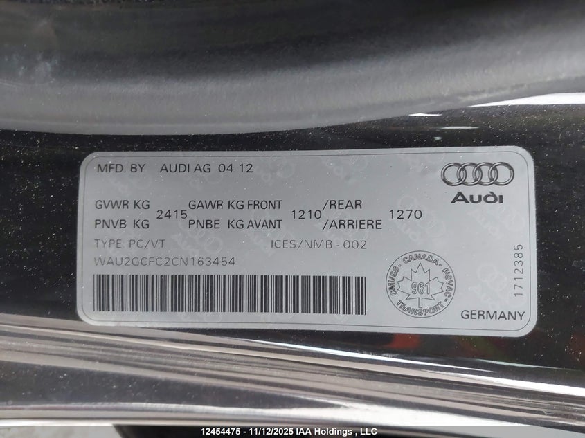 2012 Audi A7 Prestige VIN: WAU2GCFC2CN163454 Lot: 12454475