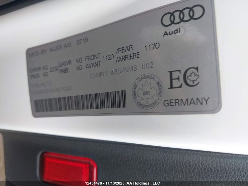 2019 Audi A5 45 Progressiv VIN: WAUENCF5XKA074242 Lot: 12454478