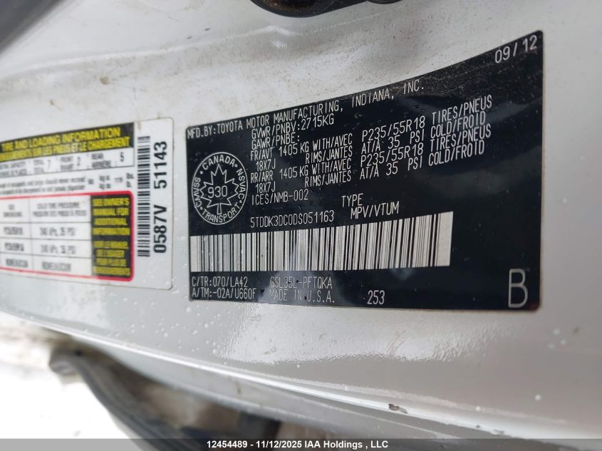 2013 Toyota Sienna Xle 7 Passenger VIN: 5TDDK3DC0DS051163 Lot: 12454489