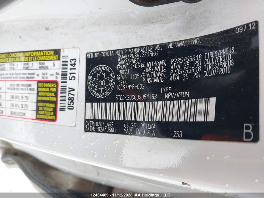 2013 Toyota Sienna Xle 7 Passenger VIN: 5TDDK3DC0DS051163 Lot: 12454489