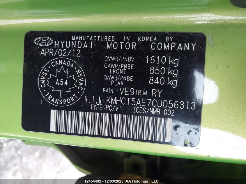 KMHCT5AE7CU056313 2012 HYUNDAI ACCENT photo no. 9