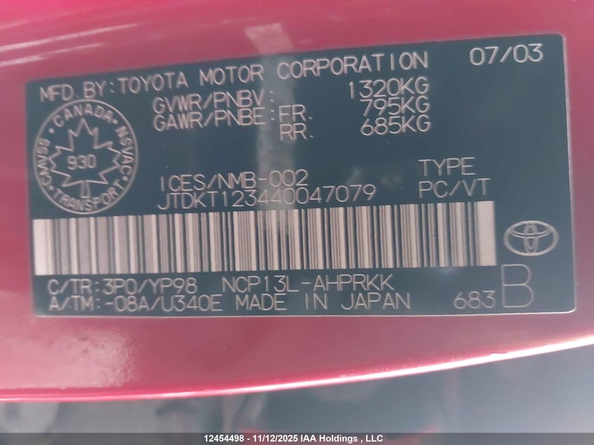 2004 Toyota Echo VIN: JTDKT123440047079 Lot: 12454498