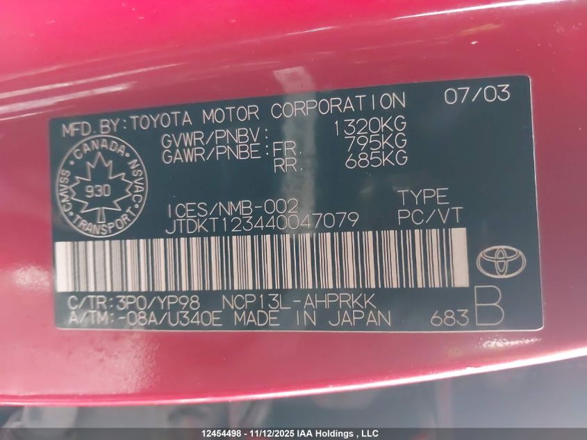 2004 Toyota Echo VIN: JTDKT123440047079 Lot: 12454498