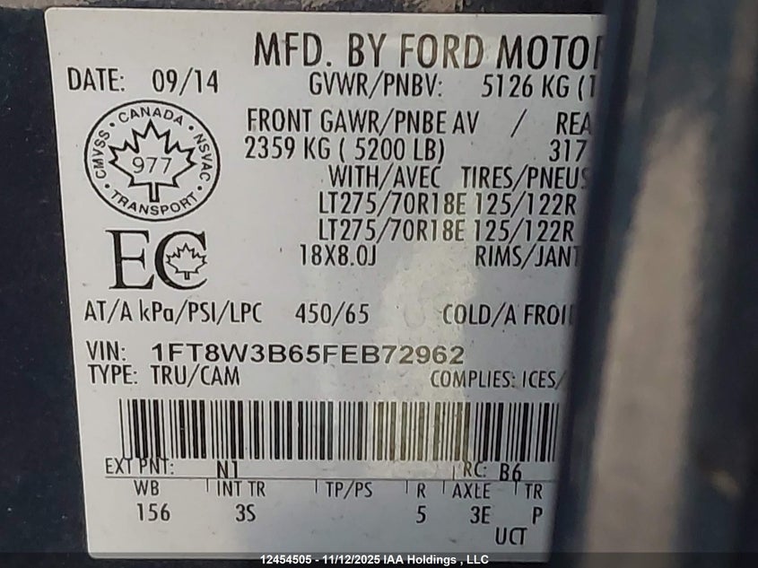 2015 Ford F350 Super Duty VIN: 1FT8W3B65FEB72962 Lot: 12454505