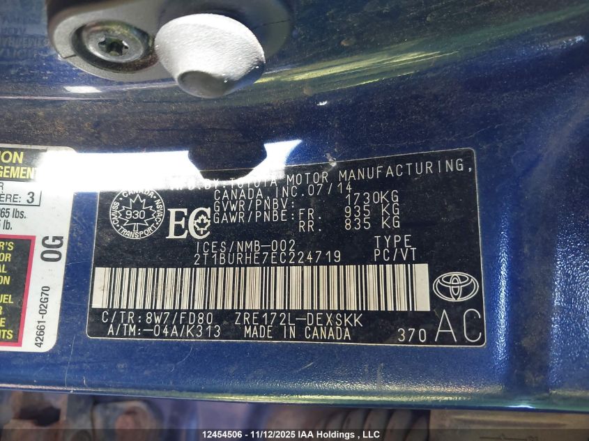 2014 Toyota Corolla L/Le/Le Pls/Prm/S/S Pls VIN: 2T1BURHE7EC224719 Lot: 12454506