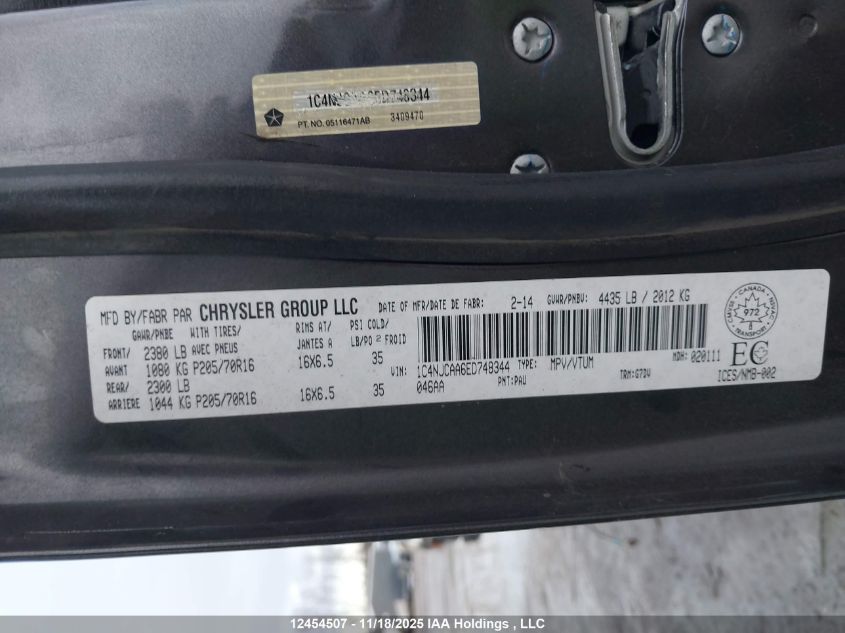 2014 Jeep Compass Sport/North VIN: 1C4NJCAA6ED748344 Lot: 12454507