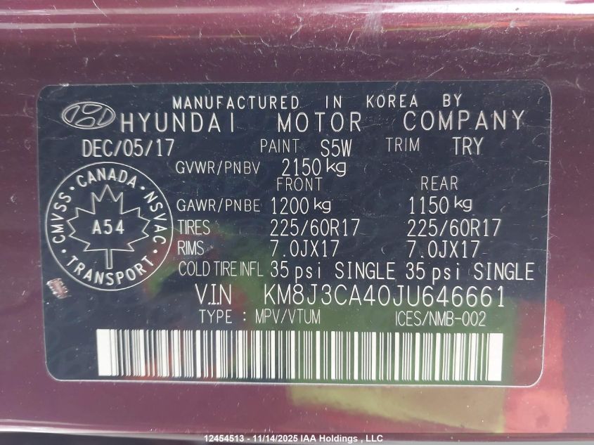 2018 Hyundai Tucson Limited/Sport And Eco/Se VIN: KM8J3CA40JU646661 Lot: 12454513