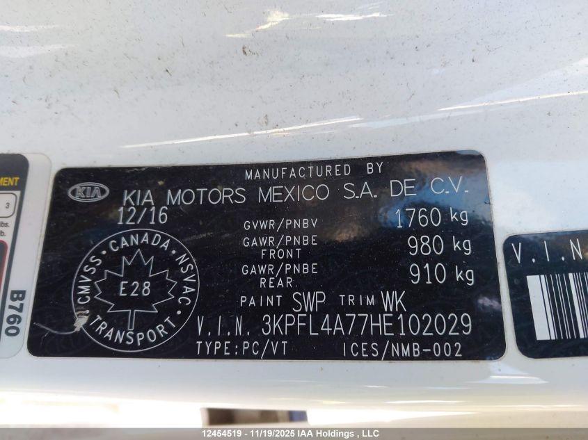 2017 Kia Forte Ex/Ex Luxury/Ex+/Lx/Lx+ VIN: 3KPFL4A77HE102029 Lot: 12454519