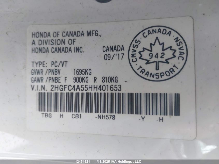2017 Honda Civic Lx VIN: 2HGFC4A55HH401653 Lot: 12454521