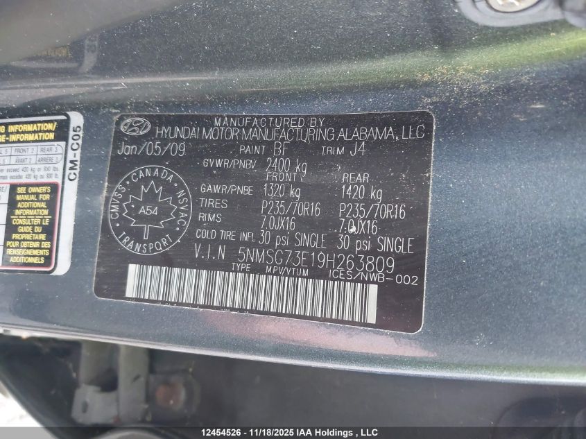 2009 Hyundai Santa Fe Gl VIN: 5NMSG73E19H263809 Lot: 12454526