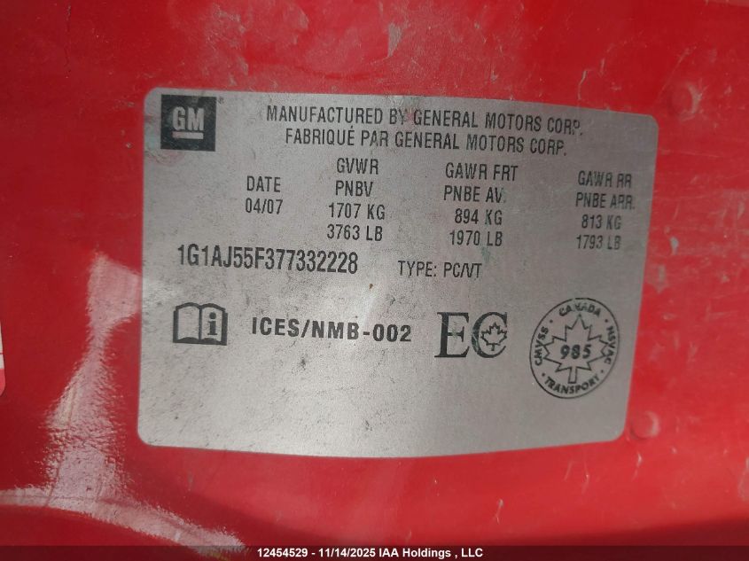 2007 Chevrolet Cobalt VIN: 1G1AJ55F377332228 Lot: 12454529