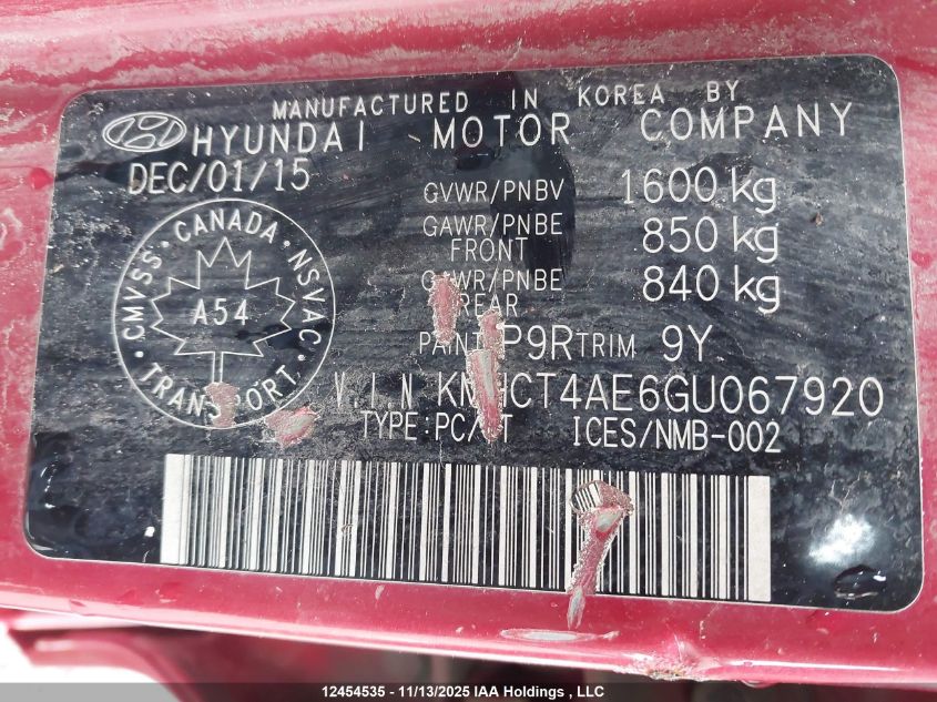 2016 Hyundai Accent Le VIN: KMHCT4AE6GU067920 Lot: 12454535